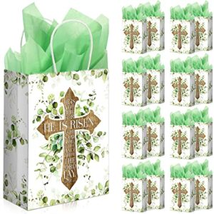 16 pack easter gift bags with tissue handles easter goodie bag easter paper tote bag he is risen cross sign easter party treat bags for egg hunts candy treat gifts supplies