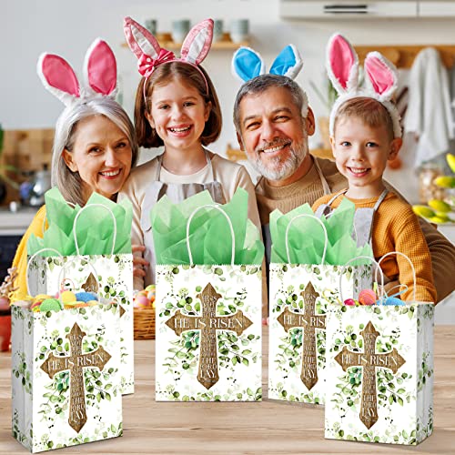 16 Pack Easter Gift Bags with Tissue Handles Easter Goodie Bag Easter Paper Tote Bag He Is Risen Cross Sign Easter Party Treat Bags for Egg Hunts Candy Treat Gifts Supplies