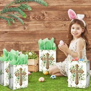 16 Pack Easter Gift Bags with Tissue Handles Easter Goodie Bag Easter Paper Tote Bag He Is Risen Cross Sign Easter Party Treat Bags for Egg Hunts Candy Treat Gifts Supplies