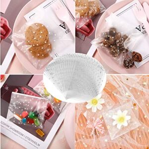 Lifelum Cookie Bags 200 Pcs 4″ x 4 ″Self Adhesive Cookie Bags Cellophane Treat Bags Self Sealing Clear Plastic Bags White Polka Dot Party Favor Bag for Party Gift Giving Bakery Candy Cookie Chocolate