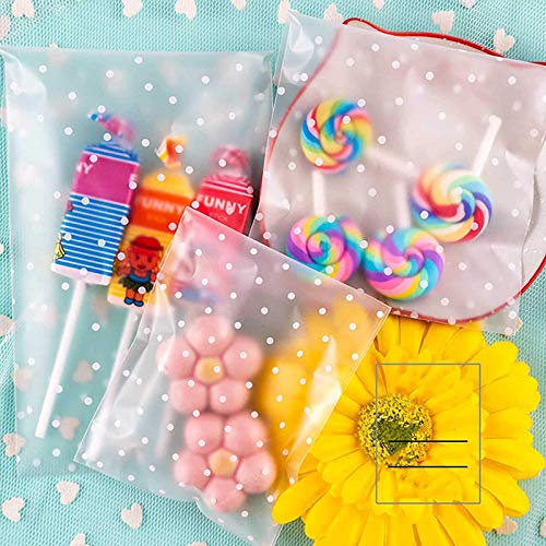 Lifelum Cookie Bags 200 Pcs 4″ x 4 ″Self Adhesive Cookie Bags Cellophane Treat Bags Self Sealing Clear Plastic Bags White Polka Dot Party Favor Bag for Party Gift Giving Bakery Candy Cookie Chocolate