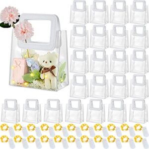 48 Pcs Clear Gift Bags and LED Light Set for Favors, PVC Gift Bag, Reusable Transparent Gift Wrap Bag with Handle, Heavy Duty Tote Bags for Baby Shower Wedding Birthday, 7 x 4 x 8 Inches