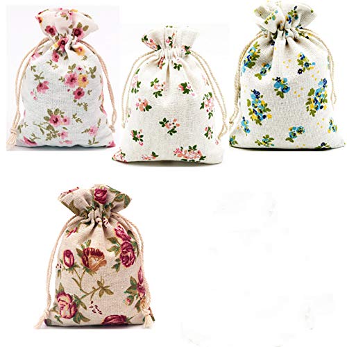 Autupy 20 Pack Floral Burlap Drawstring Bags Gift Bags Packing Storage Linen Jewelry Pouches Sacks for Christmas Wedding Party Shower Birthday, 5.5 x 3.9 Inch