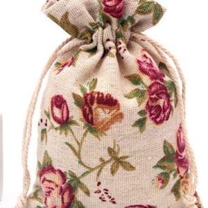 Autupy 20 Pack Floral Burlap Drawstring Bags Gift Bags Packing Storage Linen Jewelry Pouches Sacks for Christmas Wedding Party Shower Birthday, 5.5 x 3.9 Inch