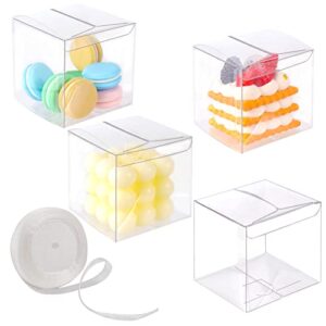 45 pack clear favor boxes 3x3x3 inches with ribbons, clear plastic cube candy boxes party favor treat boxes for birthday wedding baby shower party decorations