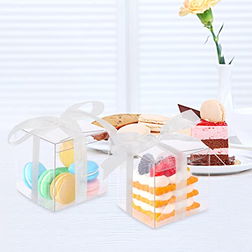 45 Pack Clear Favor Boxes 3x3x3 Inches with Ribbons, Clear Plastic Cube Candy Boxes Party Favor Treat Boxes for Birthday Wedding Baby Shower Party Decorations