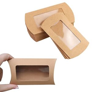 40pcs kraft paper mini pillow packaging box with clear window, box treat gift packaging box for bakery candy chocolate jewelry display wedding party favor (brown, 5 x 3 x 0.8 inches)