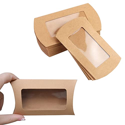 40pcs Kraft Paper Mini Pillow Packaging Box with Clear Window, Box Treat Gift Packaging Box for Bakery Candy Chocolate Jewelry Display Wedding Party Favor (Brown, 5 x 3 x 0.8 inches)