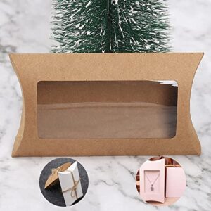 40pcs Kraft Paper Mini Pillow Packaging Box with Clear Window, Box Treat Gift Packaging Box for Bakery Candy Chocolate Jewelry Display Wedding Party Favor (Brown, 5 x 3 x 0.8 inches)