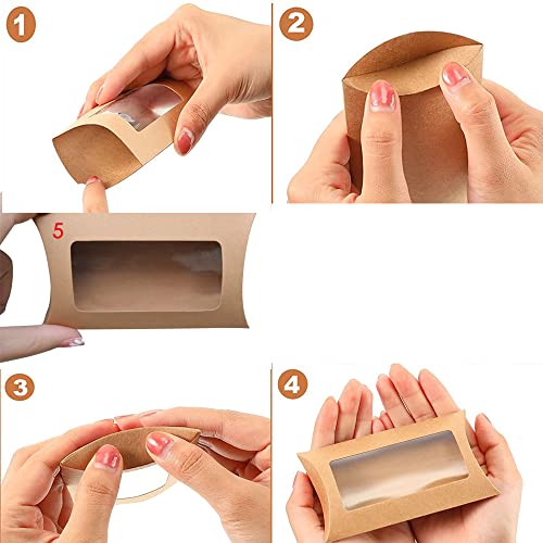 40pcs Kraft Paper Mini Pillow Packaging Box with Clear Window, Box Treat Gift Packaging Box for Bakery Candy Chocolate Jewelry Display Wedding Party Favor (Brown, 5 x 3 x 0.8 inches)