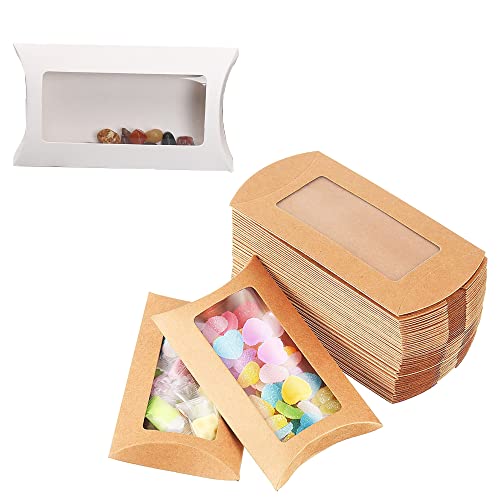 40pcs Kraft Paper Mini Pillow Packaging Box with Clear Window, Box Treat Gift Packaging Box for Bakery Candy Chocolate Jewelry Display Wedding Party Favor (Brown, 5 x 3 x 0.8 inches)