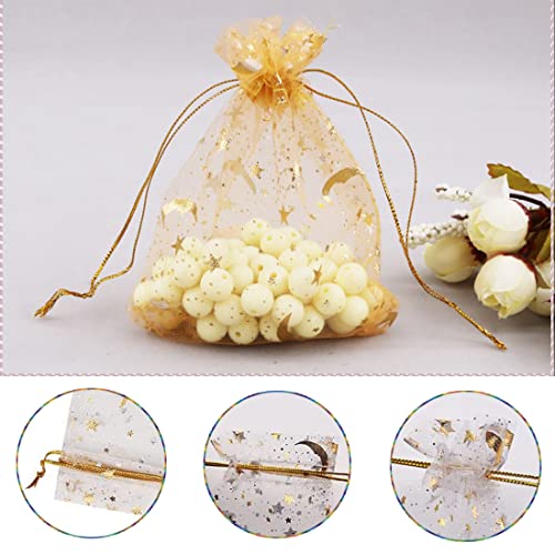 Jtuxcke 100PCS White and Gold Organza Bags, 5x7 Hot Stamping Star and Moon Pattern Wedding Gift Bag Organza Gifts Bags Candy Pouch with Drawstring for Wedding Party Christmas