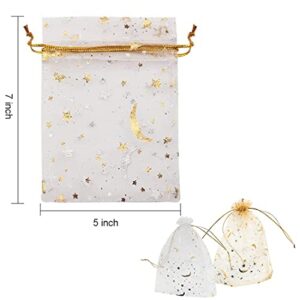 Jtuxcke 100PCS White and Gold Organza Bags, 5x7 Hot Stamping Star and Moon Pattern Wedding Gift Bag Organza Gifts Bags Candy Pouch with Drawstring for Wedding Party Christmas