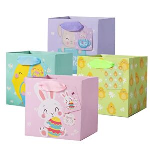 uniqooo 12pcs easter gift bags for kids with ribbon handle and name tags, 4 designs pastel color bunny chicks square easter paper bag basket 6.25 inch, for easter egg hunt school party favors supplies
