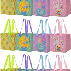 UNIQOOO 12PCS Easter Gift Bags For Kids with Ribbon Handle and Name Tags, 4 Designs Pastel Color Bunny Chicks Square Easter Paper Bag Basket 6.25 Inch, For Easter Egg Hunt School Party Favors Supplies