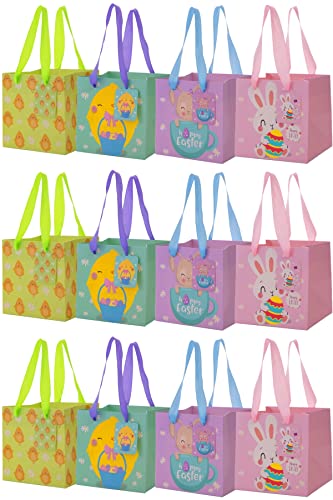 UNIQOOO 12PCS Easter Gift Bags For Kids with Ribbon Handle and Name Tags, 4 Designs Pastel Color Bunny Chicks Square Easter Paper Bag Basket 6.25 Inch, For Easter Egg Hunt School Party Favors Supplies