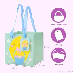 UNIQOOO 12PCS Easter Gift Bags For Kids with Ribbon Handle and Name Tags, 4 Designs Pastel Color Bunny Chicks Square Easter Paper Bag Basket 6.25 Inch, For Easter Egg Hunt School Party Favors Supplies