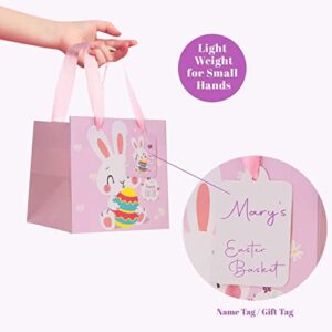 UNIQOOO 12PCS Easter Gift Bags For Kids with Ribbon Handle and Name Tags, 4 Designs Pastel Color Bunny Chicks Square Easter Paper Bag Basket 6.25 Inch, For Easter Egg Hunt School Party Favors Supplies