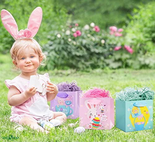 UNIQOOO 12PCS Easter Gift Bags For Kids with Ribbon Handle and Name Tags, 4 Designs Pastel Color Bunny Chicks Square Easter Paper Bag Basket 6.25 Inch, For Easter Egg Hunt School Party Favors Supplies