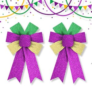 hying 2 pieces mardi gras bows for wreath, mardi gras wreath bows glitter green purple gold bows fat tuesday gift bows for front door mardi gras masquerade cosplay party decor supplies