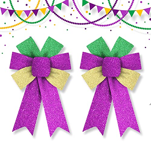 Hying 2 Pieces Mardi Gras Bows for Wreath, Mardi Gras Wreath Bows Glitter Green Purple Gold Bows Fat Tuesday Gift Bows for Front Door Mardi Gras Masquerade Cosplay Party Decor Supplies