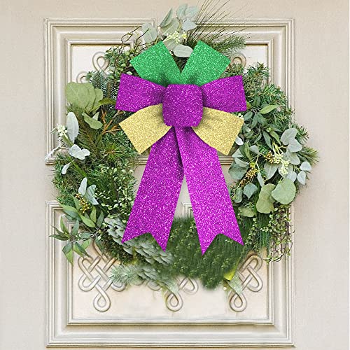 Hying 2 Pieces Mardi Gras Bows for Wreath, Mardi Gras Wreath Bows Glitter Green Purple Gold Bows Fat Tuesday Gift Bows for Front Door Mardi Gras Masquerade Cosplay Party Decor Supplies