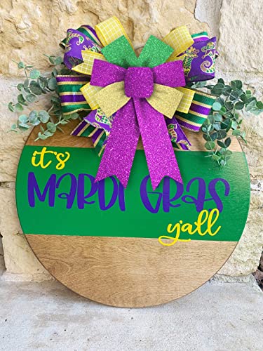 Hying 2 Pieces Mardi Gras Bows for Wreath, Mardi Gras Wreath Bows Glitter Green Purple Gold Bows Fat Tuesday Gift Bows for Front Door Mardi Gras Masquerade Cosplay Party Decor Supplies