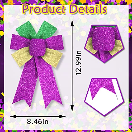 Hying 2 Pieces Mardi Gras Bows for Wreath, Mardi Gras Wreath Bows Glitter Green Purple Gold Bows Fat Tuesday Gift Bows for Front Door Mardi Gras Masquerade Cosplay Party Decor Supplies