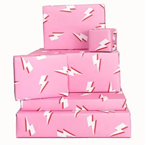 central 23 – fun wrapping paper for girls – 6 sheets of giftwrap – for men women – lightning bolts – pink white red – recyclable