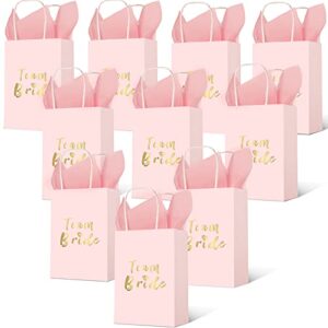 outus 12 pieces team kraft bride gift bag bridesmaid gift bag wedding bride handles paper bag with 12 pieces tissue paper for wedding bridal party, pink, gold letter(3 x 6 x 8 inch)