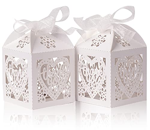 Elephant-package 25 Pcs Laser Cut Boxes (White), Bridal Shower Favor Boxes with Ribbon, Thank You Lace Candy Boxes, Party Favor, Wedding, Anniversary