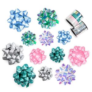 wrapaholic 14 pcs gift bows assortment – 12 multi colored assorted size gift bows (silver, green, white, pink, blue) and 2 crimped curling ribbons, perfect for christmas, holiday, party