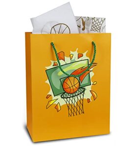 cota global basketball gift bag with tissue paper – premium large gift bag with string handles, reusable orange basketball sport gift bag and tissue paper set for birthday and occasions – 13 inch