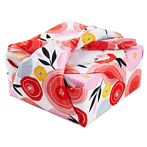 Hallmark Reusable Fabric Gift Wrap (1 Sheet: 26" x 26" Pink and Orange Modern Floral) for Birthdays, Bridal Showers, Valentine's Day, Easter, Mother's Day