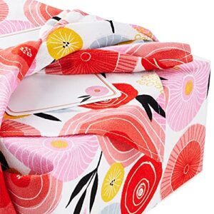 Hallmark Reusable Fabric Gift Wrap (1 Sheet: 26" x 26" Pink and Orange Modern Floral) for Birthdays, Bridal Showers, Valentine's Day, Easter, Mother's Day