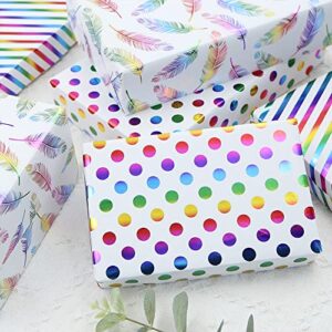 Premium Foil Birthday Wrapping Paper Flat Sheets (6-Sheets, 3-Designs: 23 sq. ft. ttl)- Colorful Gold Rainbow Feather, Polka dot, Stripe-Gift Wrap for Birthday, Wedding, Christmas Day, Happy New Years,Valentine's Day, Baby Shower, Bridal Shower