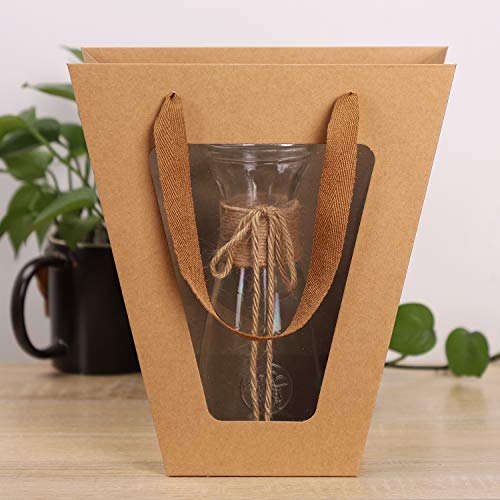 Medium Flower Bouquet Gift Bags with Handles 10 Pack Tote Paper Bags with Transparent Window Kraft Paper Florist Gift Packing Bags for Wedding Party Anniversary
