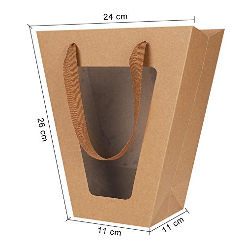 Medium Flower Bouquet Gift Bags with Handles 10 Pack Tote Paper Bags with Transparent Window Kraft Paper Florist Gift Packing Bags for Wedding Party Anniversary