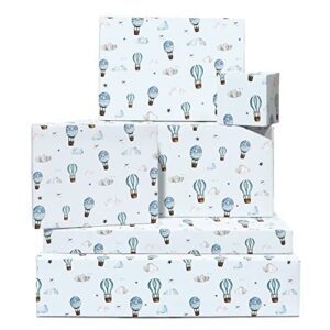 blue wrapping paper for kids – 6 sheets of gift wrap with tags – hot air balloon – girls & boys wrapping paper – for birthday or baby shower – comes with stickers – central 23
