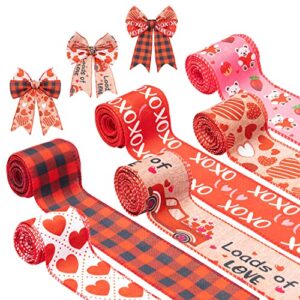 3sscha 6 rolls love wired edge ribbons loads of love xoxo bear heart 2.5in x 30 yards romance red black grid wrapping ribbon for wedding anniversary proposal marriage decorations