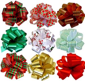 christmas gift pull bows – 5″ wide, set of 9, red, green, gold, stripes, swirls, gift bows, christmas presents, birthday, boxing day, hanukkah, wreath, swag, christmas tree, fundraiser