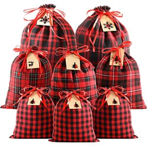 8 pieces xmas plaid drawstring bags fabric present bags xmas stocking storage sack party favors xmas bags for christmas party decoration supplies, 3 sizes (red and black)