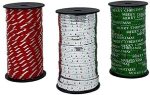 celebrate a holiday christmas curling ribbon 3 pack, green, metallic silver, red & white stripes, christmas holiday party crafts supplies decorations – 100 yards per roll – 900 feet total curly ribbon