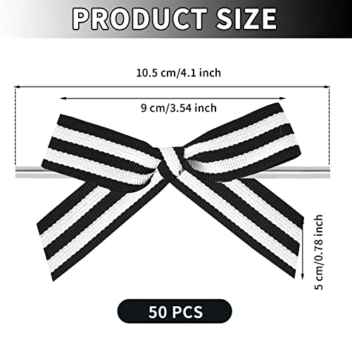 50 Piece Striped Bows Black and White Stripe Bows Twist Tie Bows Twist Tie Bows Bows for Gift Baskets Christmas New Year Striped Grosgrain Twist Tie Bows for Tying up Packages Gift Bows