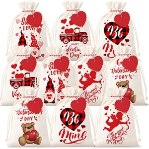 20 pieces valentine’s day gift bags with drawstring linen cloth candy jewelry pouches sacks small muslin bags with heart tag labels and ropes for valentine’s day wedding bridal shower, 5 x 7 inch