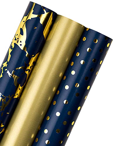 MAYPLUSS Wrapping Paper Roll - Mini Roll - 17" X 120" Per roll - Navy Gold Design (42.3 sq.ft.ttl)