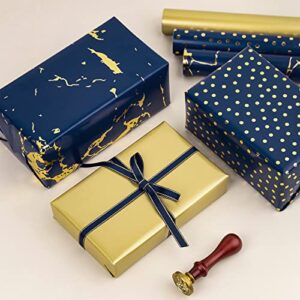 MAYPLUSS Wrapping Paper Roll - Mini Roll - 17" X 120" Per roll - Navy Gold Design (42.3 sq.ft.ttl)