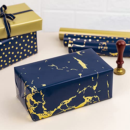 MAYPLUSS Wrapping Paper Roll - Mini Roll - 17" X 120" Per roll - Navy Gold Design (42.3 sq.ft.ttl)