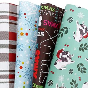 auclay christmas wrapping paper sheets for holiday thanksgiving – xmas gift wrap 4 designs red/green plaid, snowflakes, love, dogs – pack of 12, folded flat, 20 inch x 29 inch per sheet