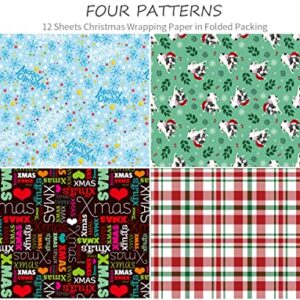 AUCLAY Christmas Wrapping Paper Sheets for Holiday Thanksgiving - Xmas Gift Wrap 4 Designs Red/Green Plaid, Snowflakes, Love, Dogs - Pack of 12, Folded Flat, 20 Inch X 29 Inch Per Sheet